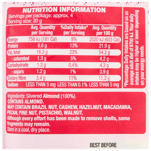 Nutrients 1, Baking Almonds Slivered 125g