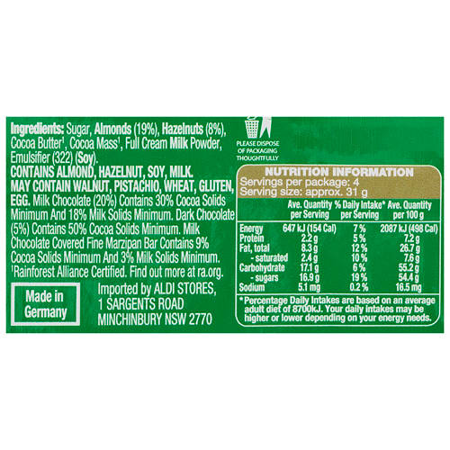 Nutrients 1, Milk Chocolate Coated Hazelnut Praline Marzipan Bar 125g