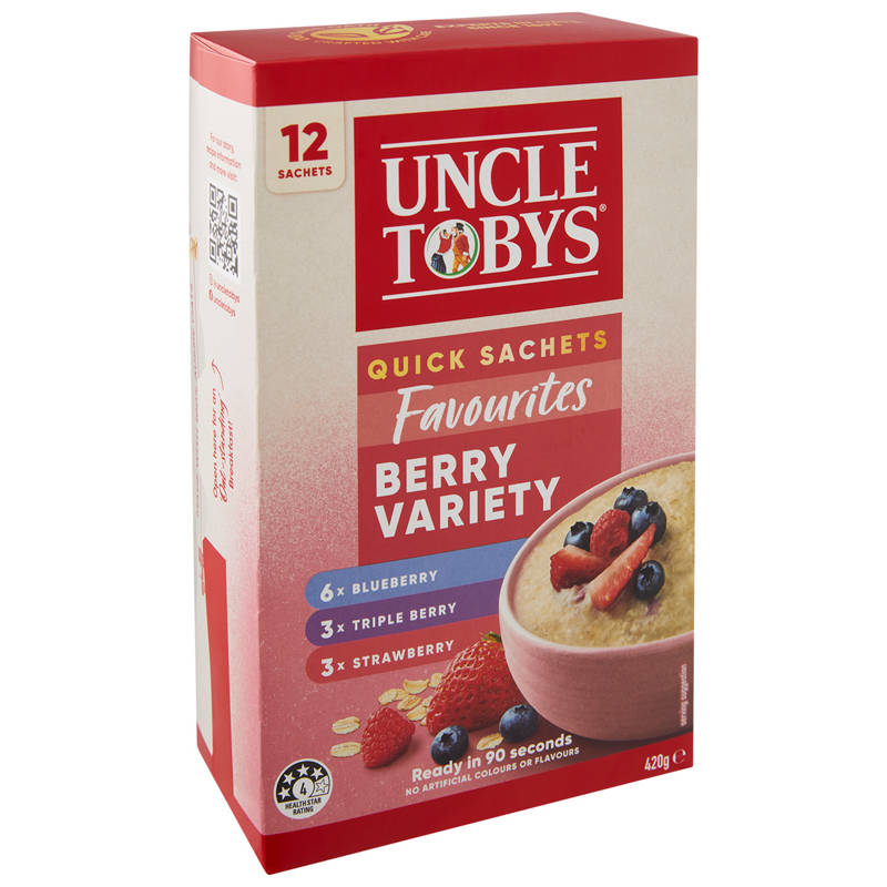 UNCLE TOBYS Quick Oat Sachets Berry Variety 12 Pack 420g