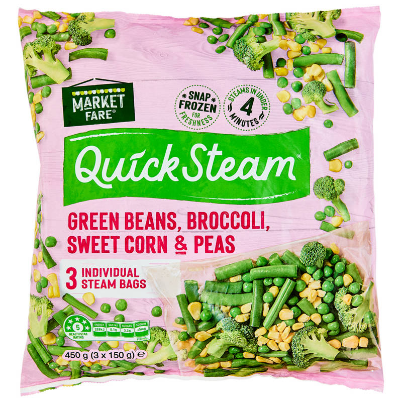 Green Beans, Sweetcorn, Broccoli & Peas Quicksteam Vegetables  3 Pack 450g