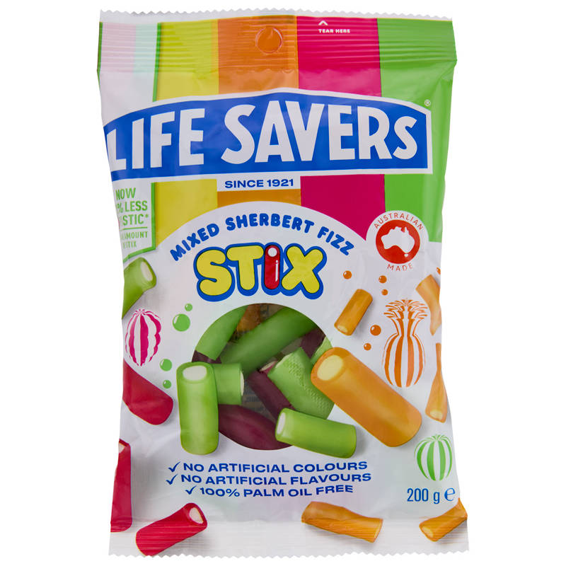 LIFESAVER Mixed Sherbert Fizz Stix Lollies 200g