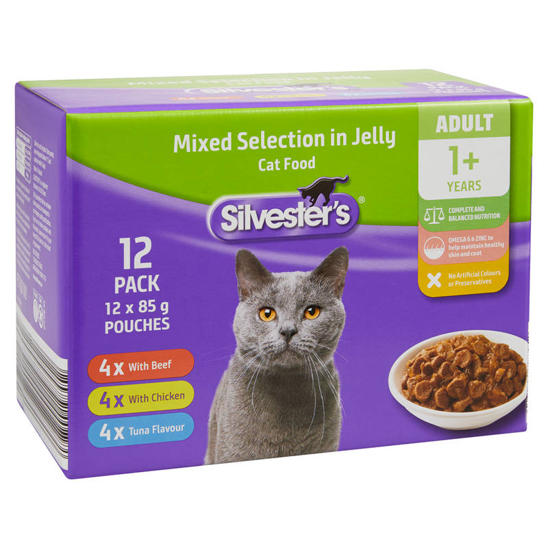 SILVESTERS Cat Food Pouches Mixed Selection in Jelly 12 Pack 85g