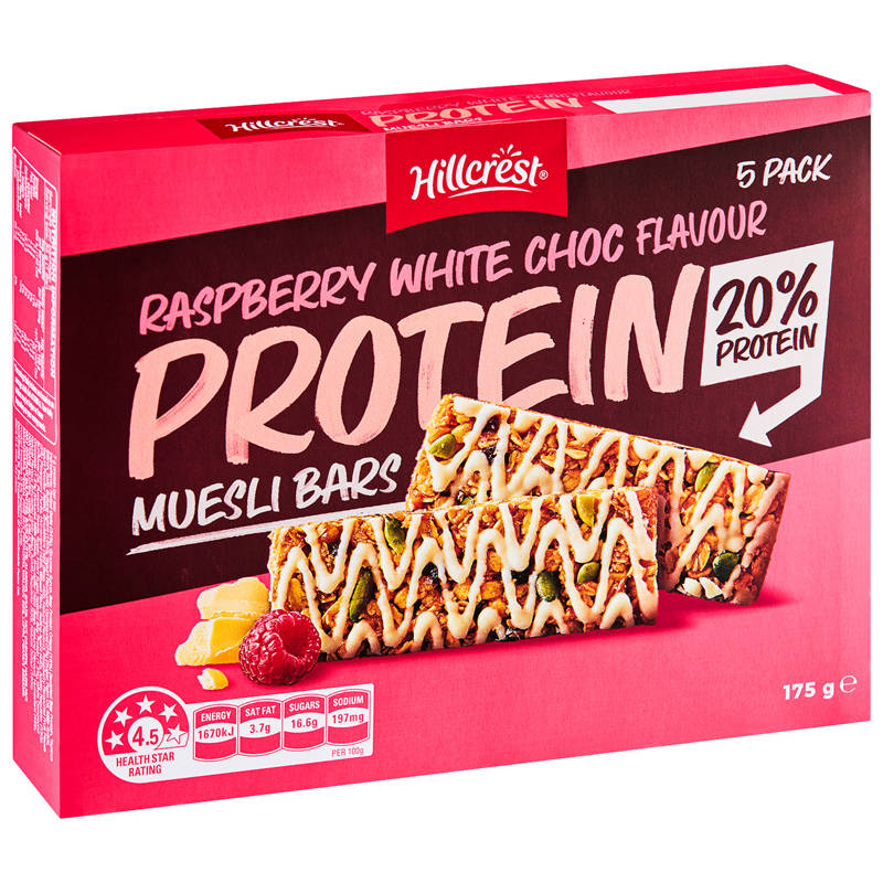 HILLCREST Raspbery White Choc Protein Museli Bars 5 Pack 175g