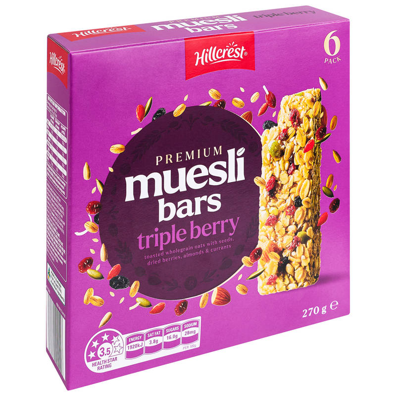 HILLCREST Triple Berry Premium Muesli Bar 6 Pack 270g