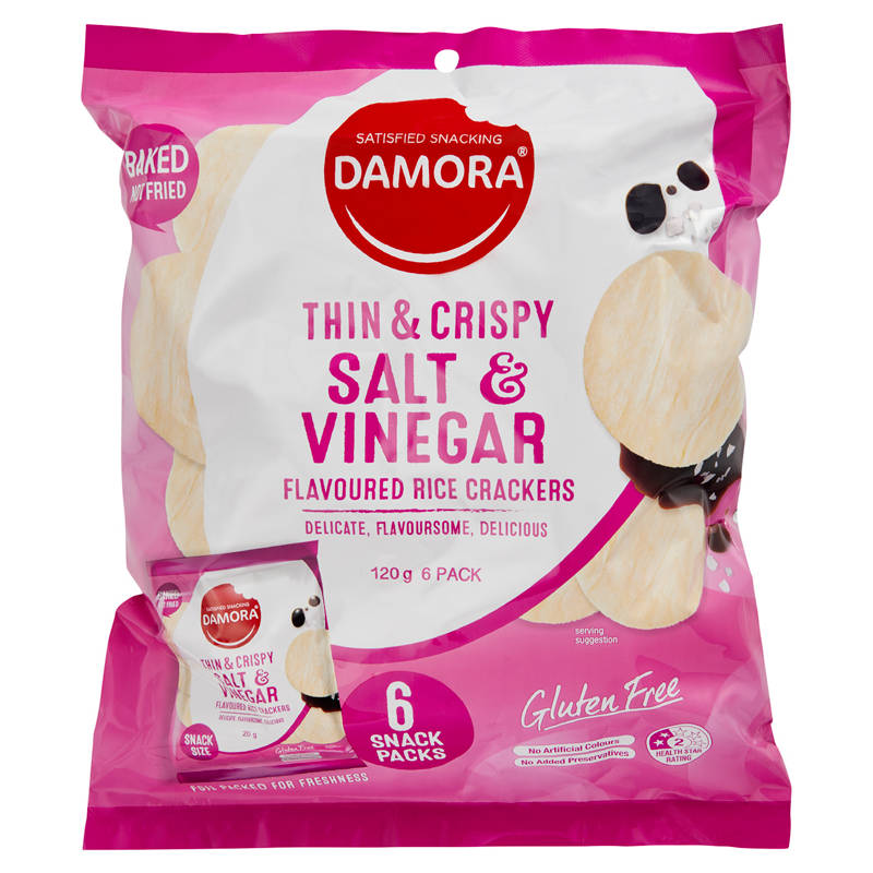 DAMORA Thin & Crispy Salt & Vinegar Rice Crackers 6 Pack 120g