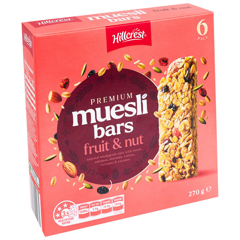 HILLCREST Fruit & Nut Premium Muesli Bar 6 Pack 270g