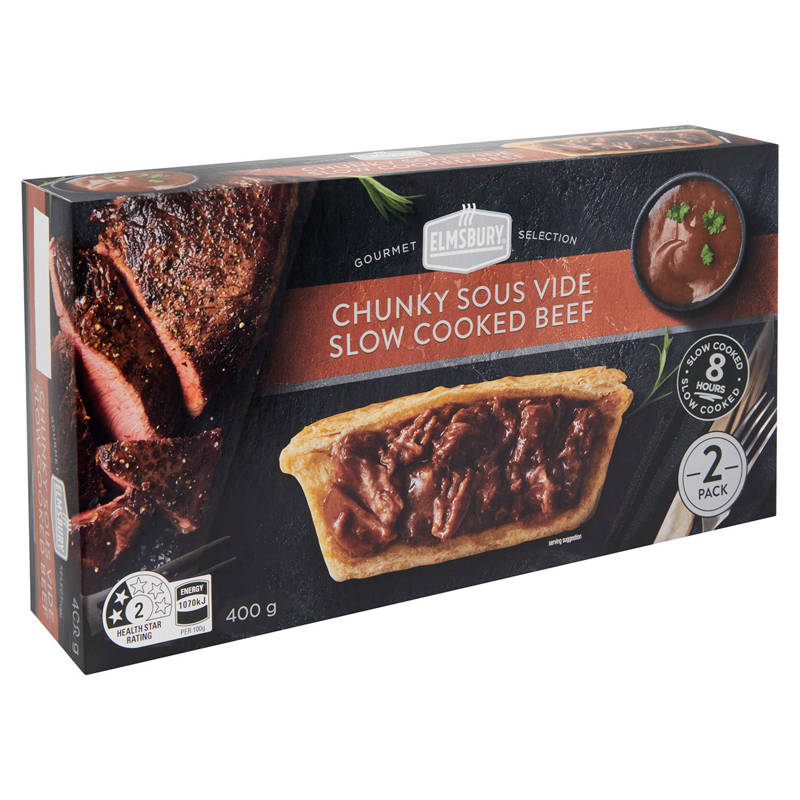 ELMSBURY Chunky Sous Vide Slow Cooked Beef Pies 2 Pack 400g