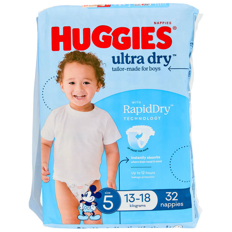 HUGGIES Boys Size 5 Walker Nappies 32 Pack
