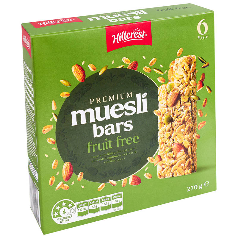 HILLCREST Fruit Free Premium Muesli Bar 6 Pack 270g