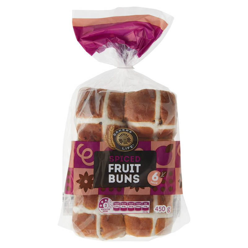 BAKERS LIFE Spiced Fruit Buns 6 Pack 450g