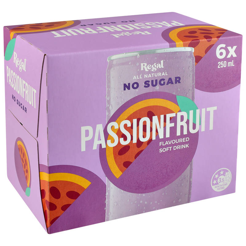 REGAL Passionfruit Flavoured Soft Drink No Sugar 6 Pack 250ml