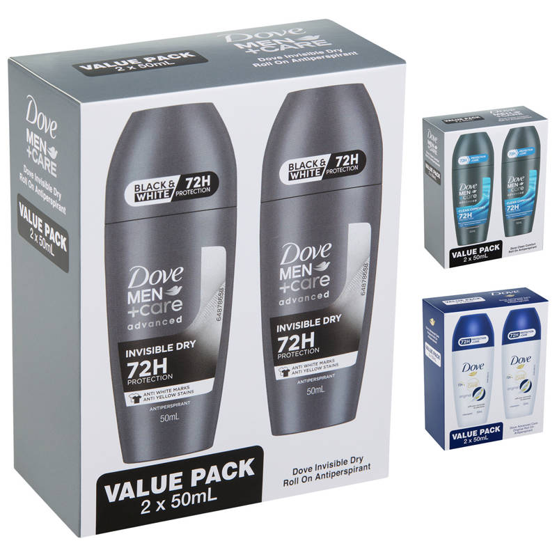 DOVE Advanced Care 72 Hr Roll-On Deodorant for Men or Women 2 x 50ml