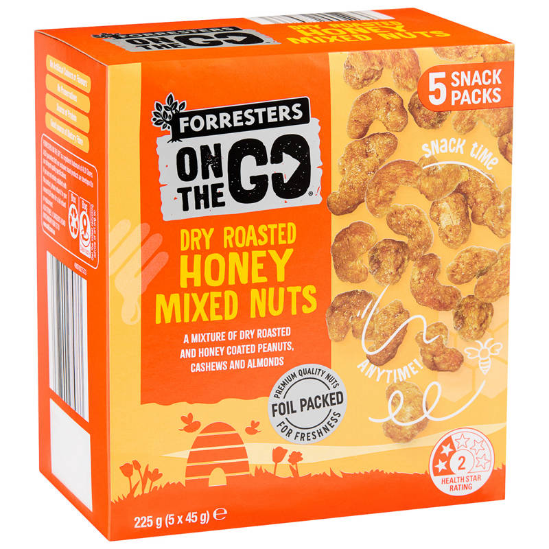 On The Go Dry Roasted Honey Mixed Nuts 5 Pack 225g