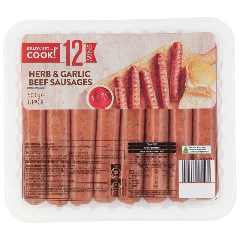 READY, SET…COOK! Herb & Garlic Beef Sausages 500g
