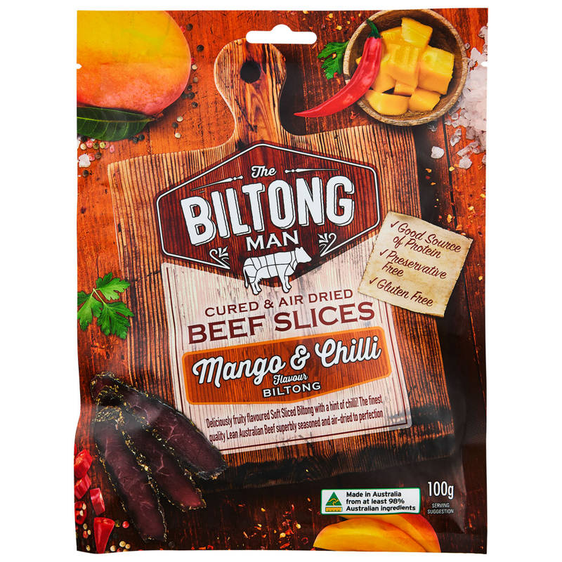 THE BILTONG MAN Mango Chilli Cured and Air Dried Beef Slices 100g