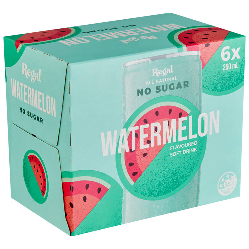 REGAL Watermelon Flavoured Soft Drink No Sugar 6 Pack 250ml