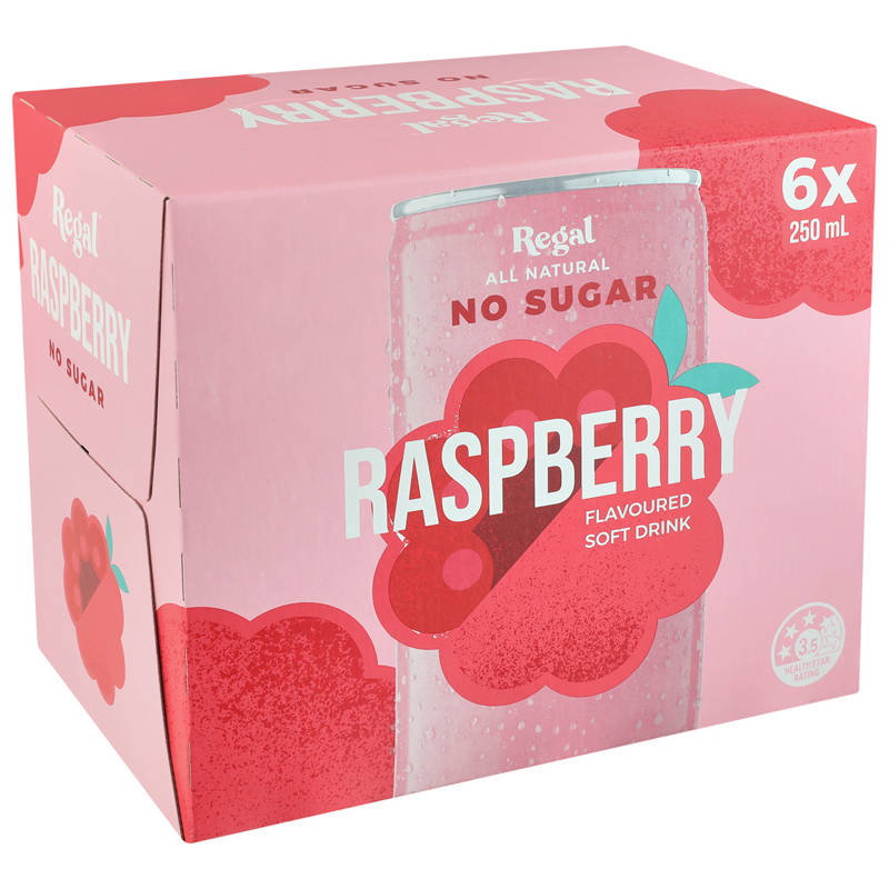 REGAL Raspberry Flavoured Soft Drink No Sugar 6 Pack 250ml