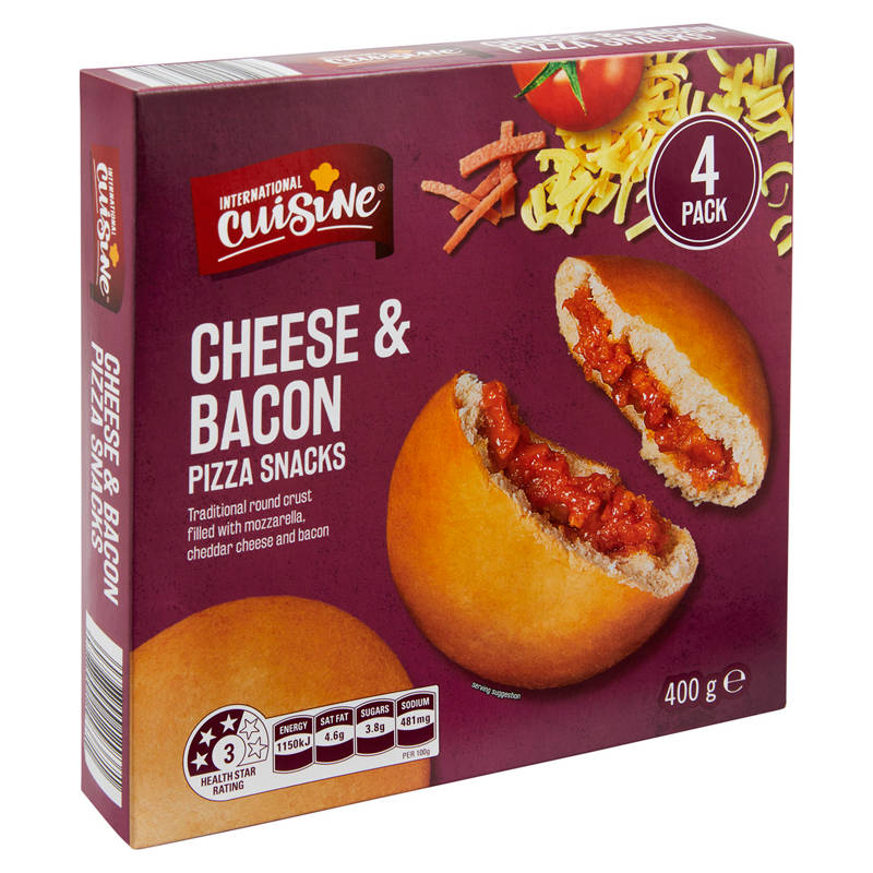 INTERNATIONAL CUISINE Cheese & Bacon Pizza Snacks 4 Pack 400g
