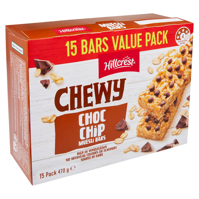 HILLCREST Muesli Bars Chewy Choc Chip 15 Pack 470g