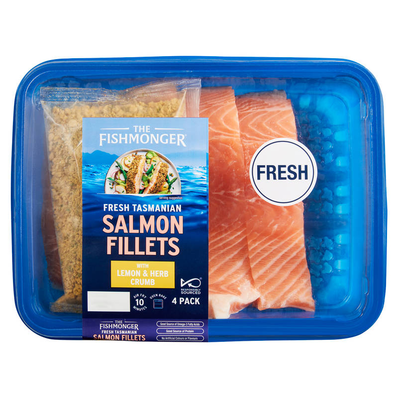 THE FISHMONGER Fresh Tasmanian Salmon Lemon & Herb Crumb 4 Pack 500g